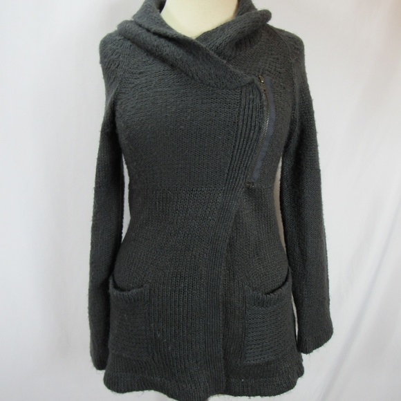 Le Temps Des Cerises Sweaters - La Temps Charcoal Asymmetrical Zip Hooded Sweater